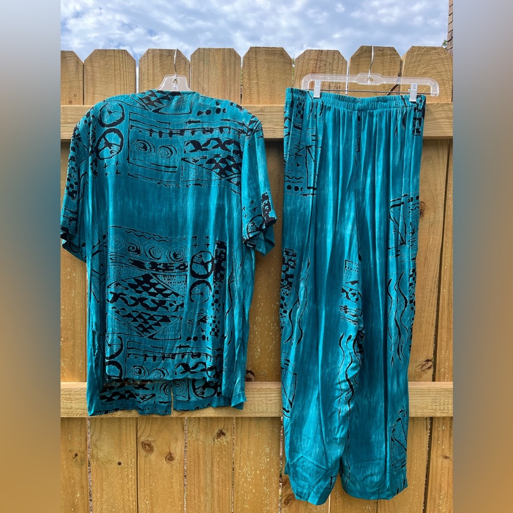 Vtg. Teal/Black Solitaire Pant Set - Picture 2 of 8